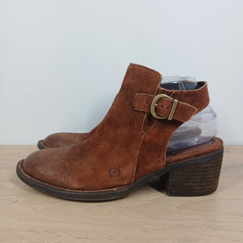 Born Ankle Boots Womens 7 Leather Buckle Cutout Stacked Heel Boho Urban